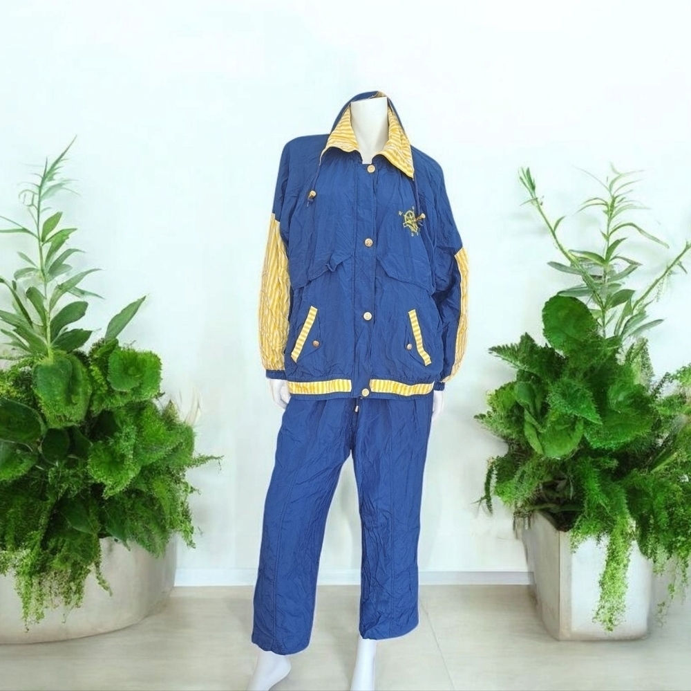 Vintage Mureli 2 Pcs 100% Silk Pant & Jacket Women's Size XL Blue White Yellow